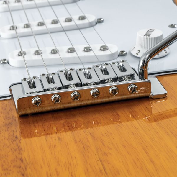 closeup of bridge and saddles on DSC02795 electric guitar