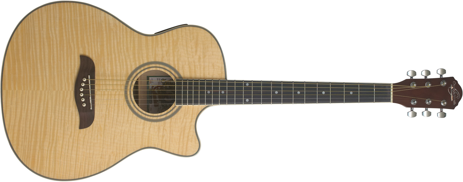 cream-colored Oscar Schmidt acoustic/electric guitar