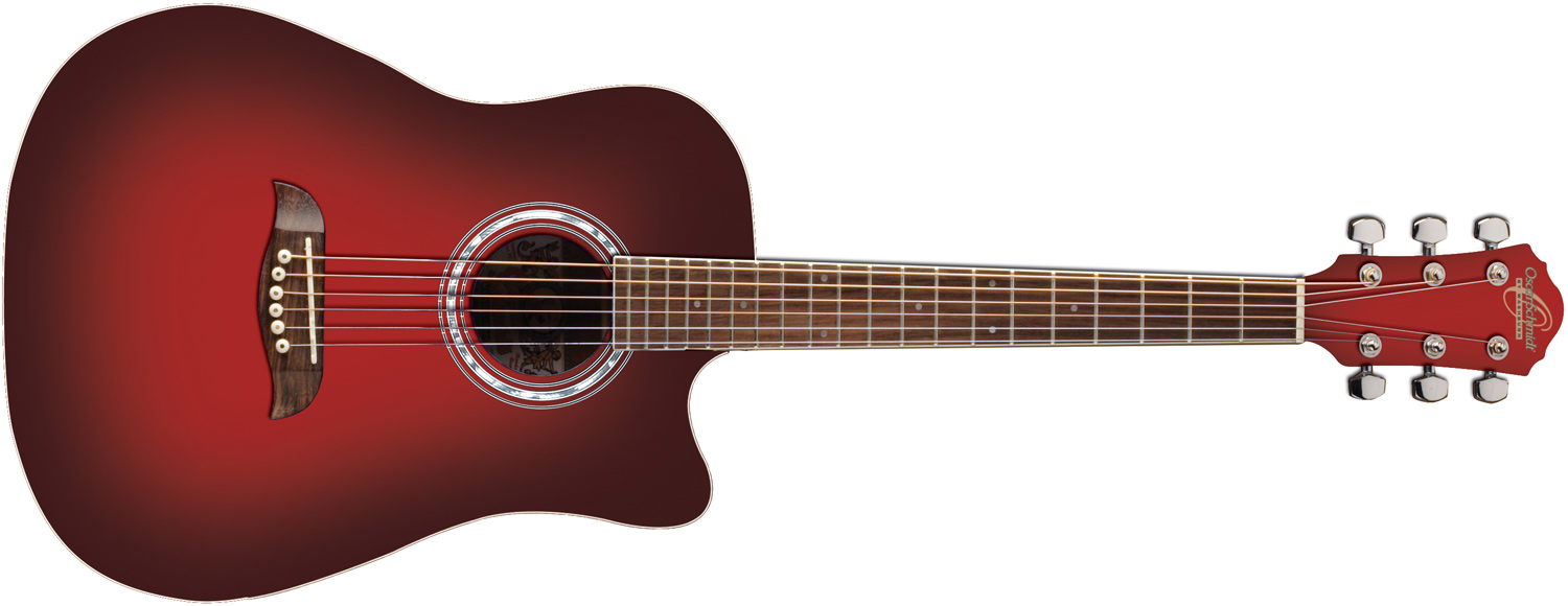 Oscar Schmidt red acoustic guitar with darkened edges