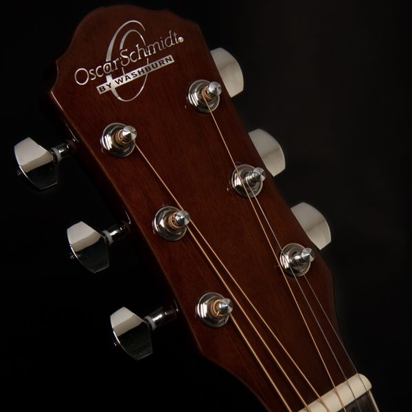 closeup of headstock on Oscar Schmidt acoustic guitar