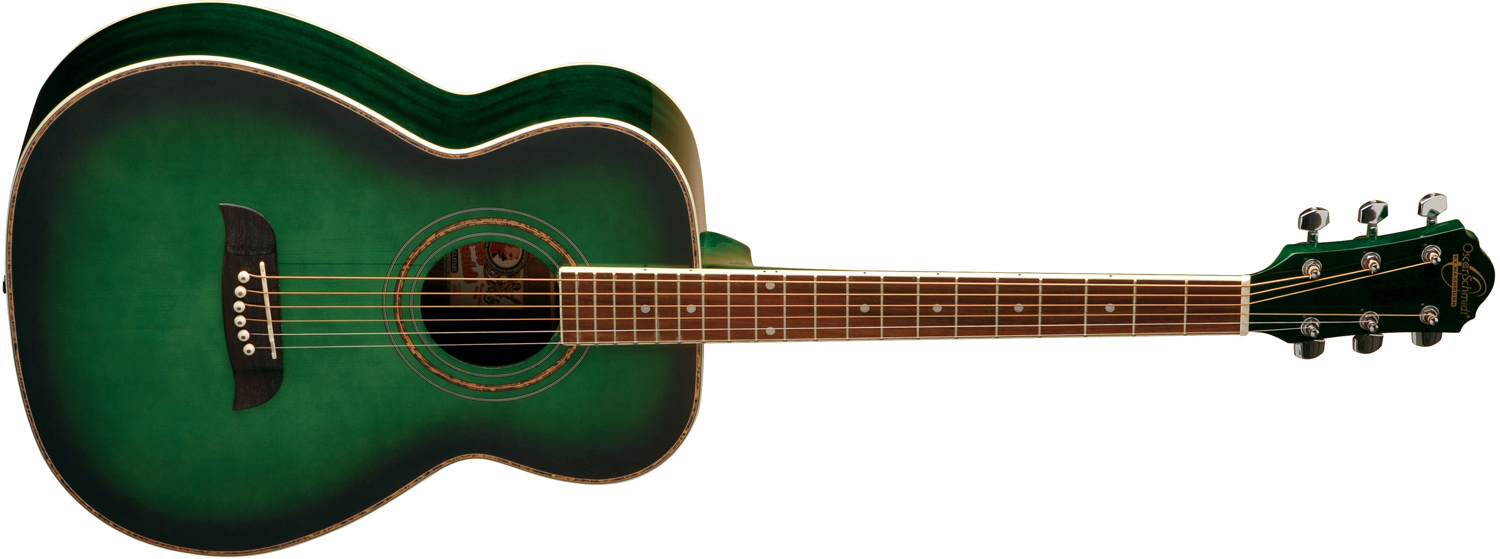 Oscar Schmidt green acoustic guitar with darkened edges