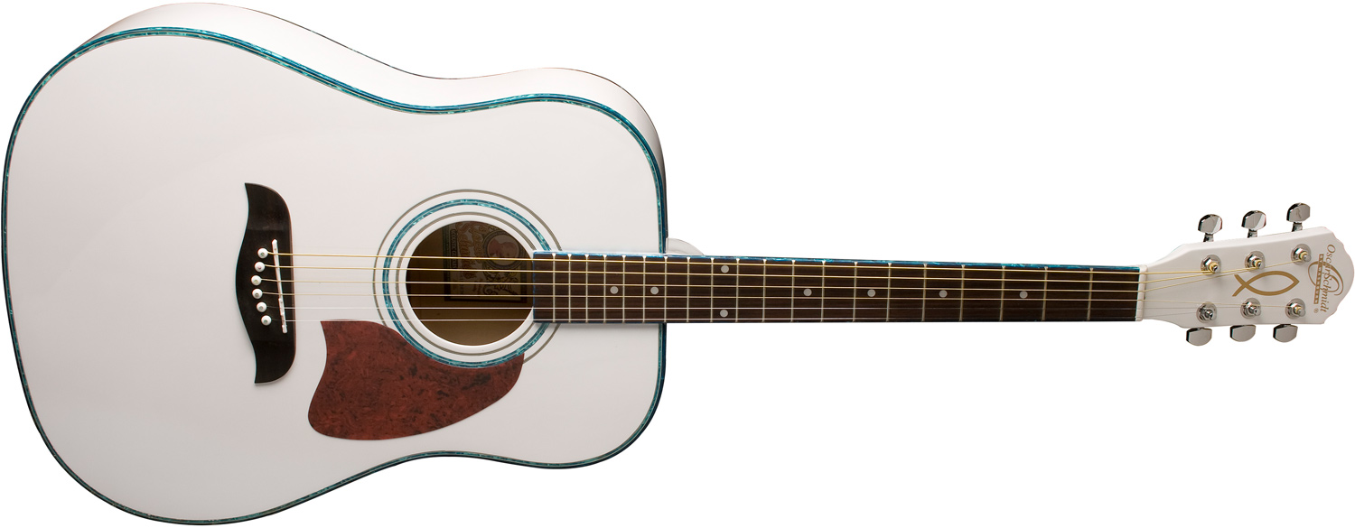 Oscar Schmidt white acoustic guitar with light blue edges