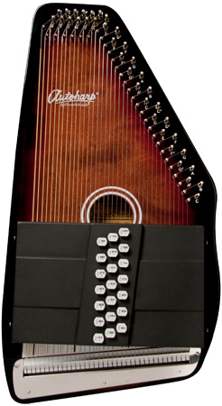 closeup of brown and black Oscar Schmidt Autoharp