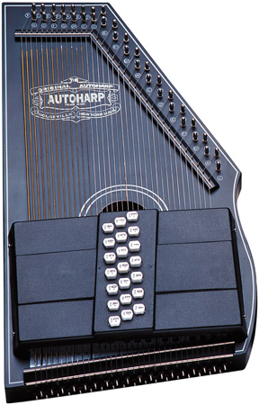 closeup of metallic blue Oscar Schmidt Autoharp