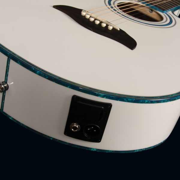 angled view of body of white Oscar Schmidt acoustic guitar