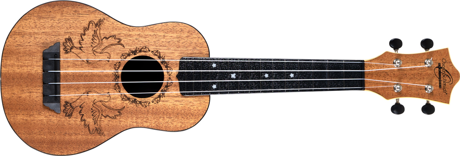 Oscar Schmidt light brown ukulele with doves design
