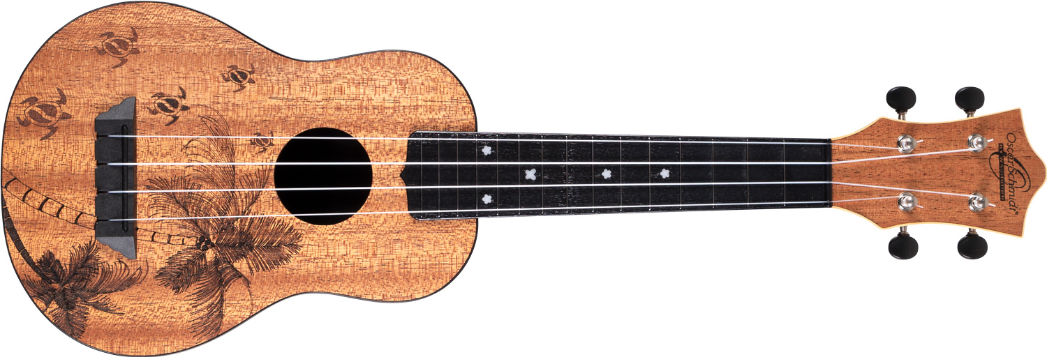 Oscar Schmidt light brown ukulele with palm tree and sea turtle design